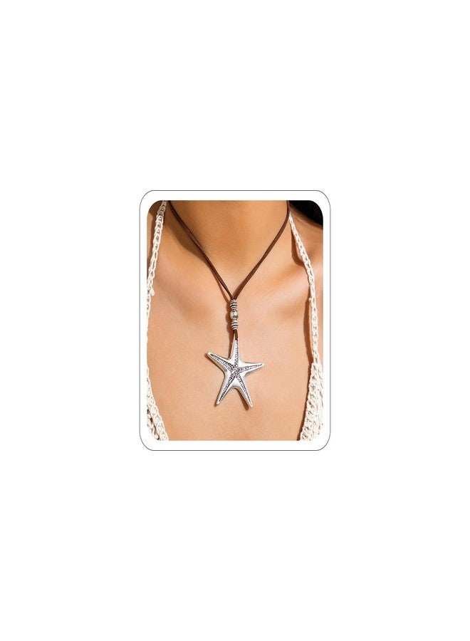 Xeyau Starfish Necklace Leather Summer Necklace Boho Starfish Sea Shell Pendant Choker Cord Silver Summer Beach Necklaces Summer Dresses Jewelry for Women (Star) - Image 1